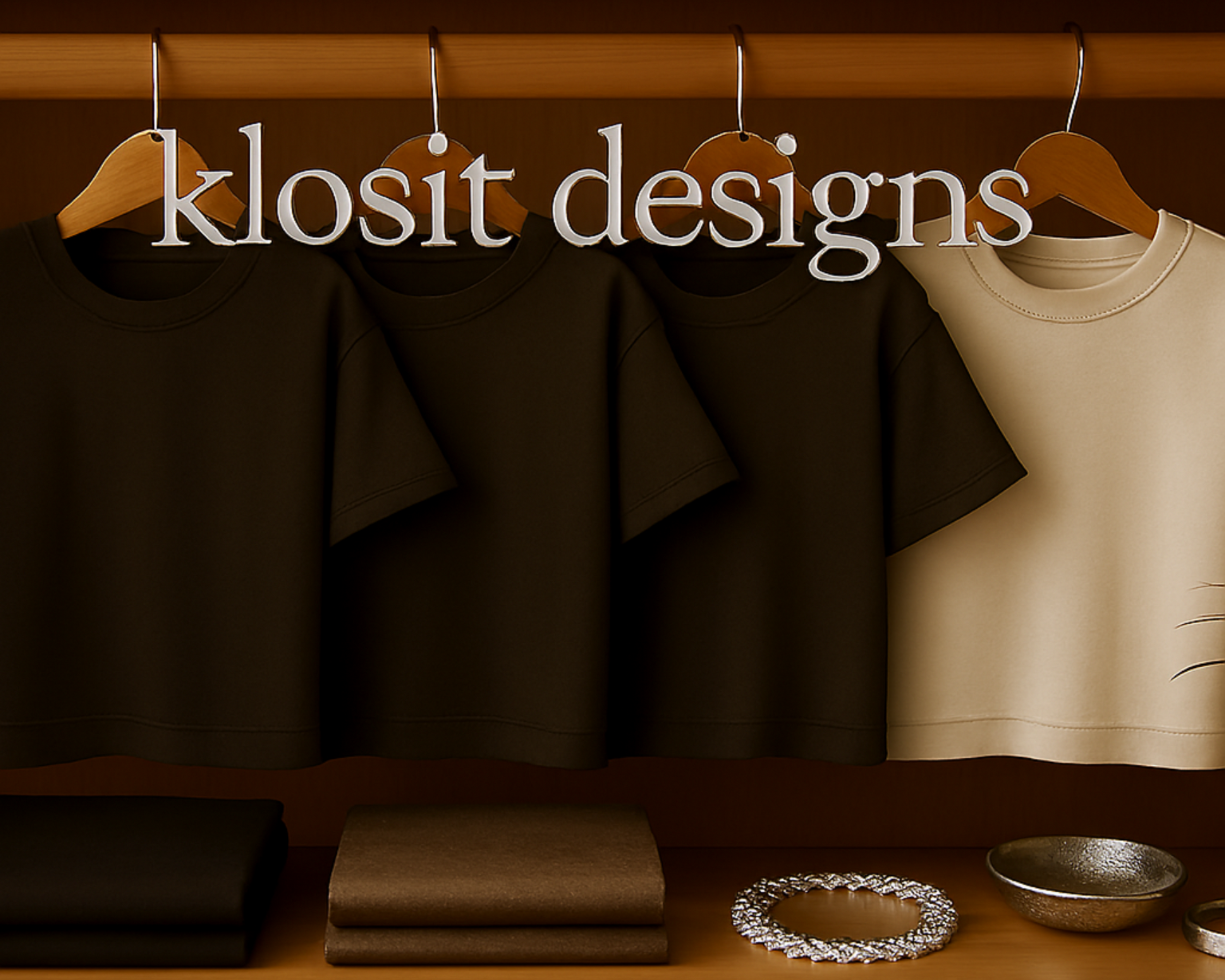 Black t-shirts and a beige shirt on hangers with 'klosit designs' text, folded clothes, and a bracelet on a wooden surface.